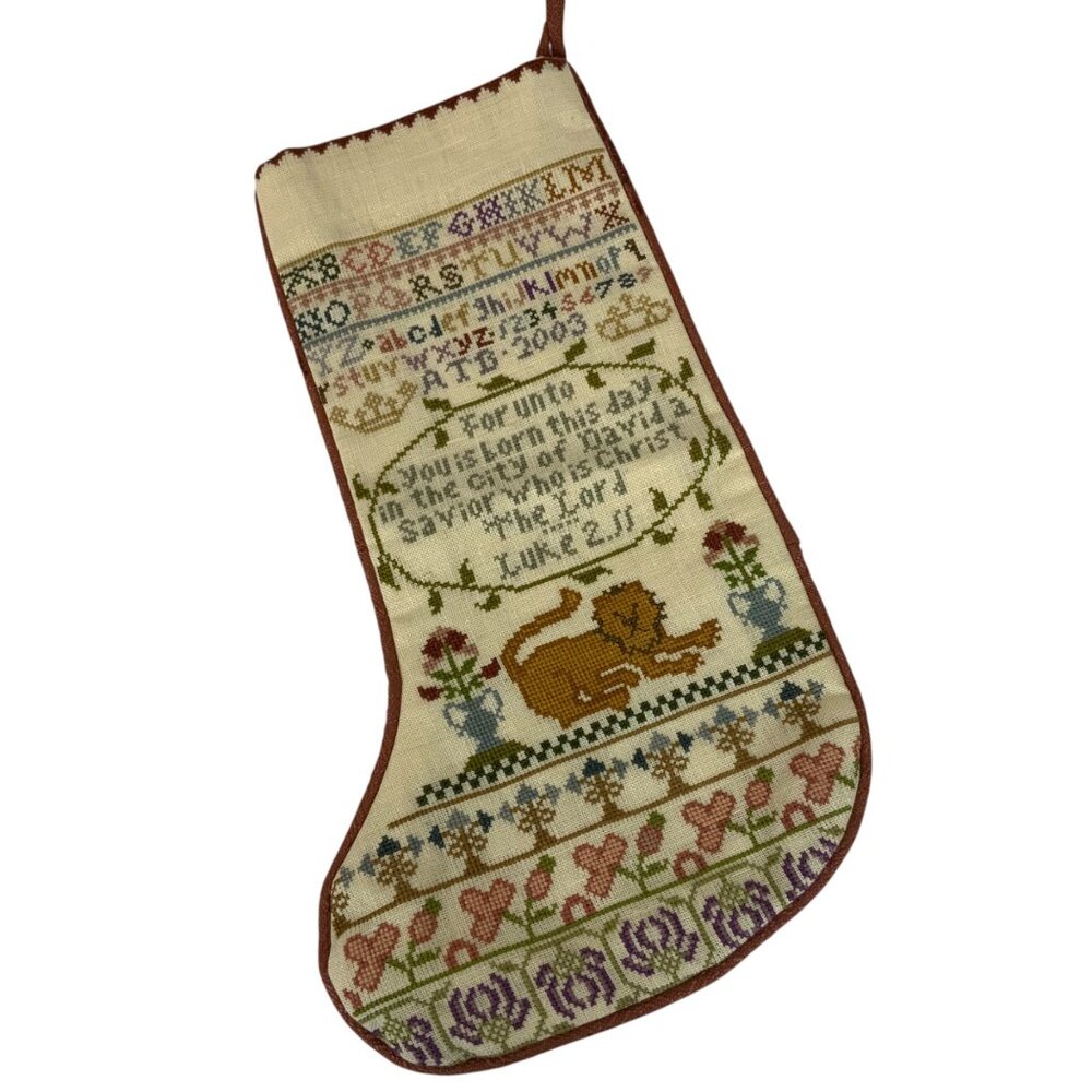 Handmade Cross Stitched Christmas Stocking Luke 2:11 Bible Verse Floral Lion